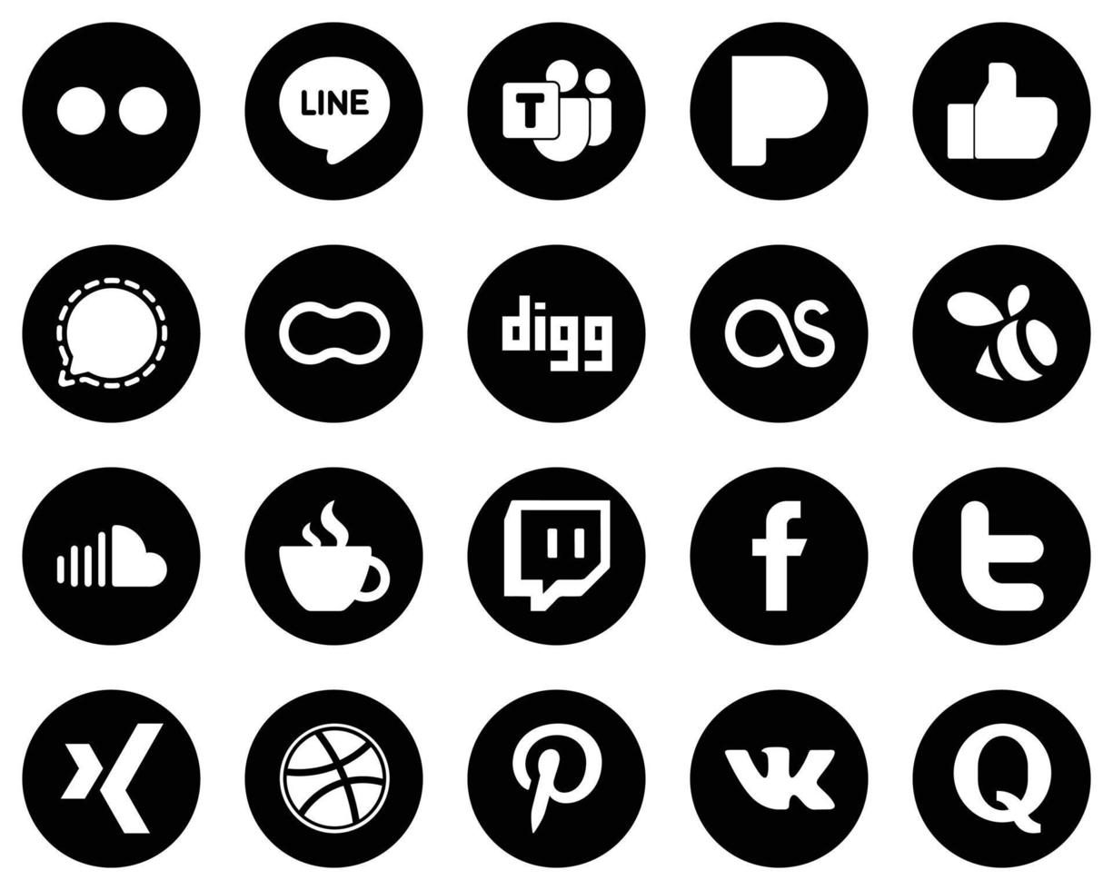20 minimalistisk vit social media ikoner på svart bakgrund sådan som ljudmoln. lastfm. signal. digg och mödrar ikoner. mångsidig och premie vektor