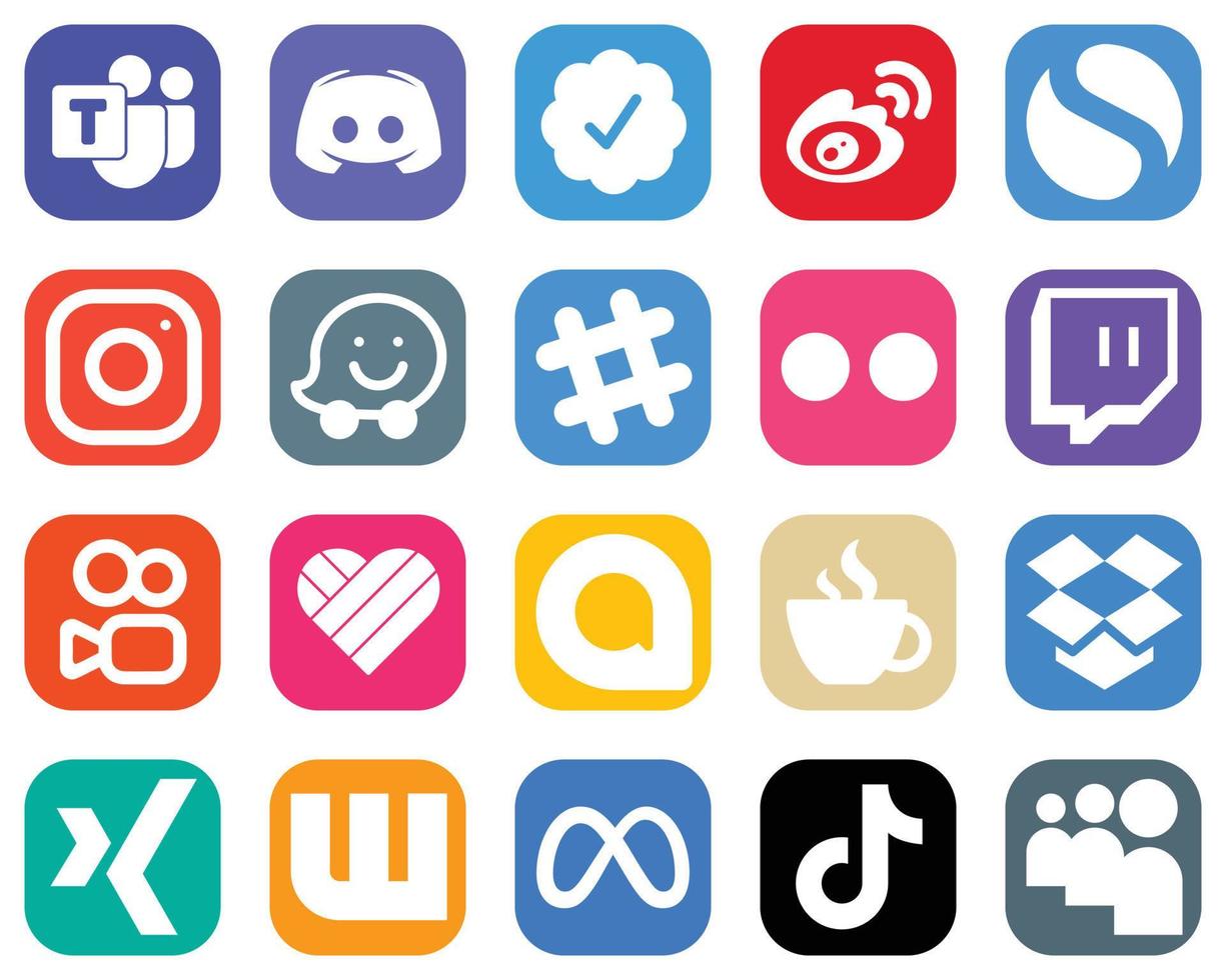 20 professionelle Social-Media-Ikonen wie flickr. wackeln. Sina- und Instagram-Symbole. Farbverlauf-Icon-Bundle vektor