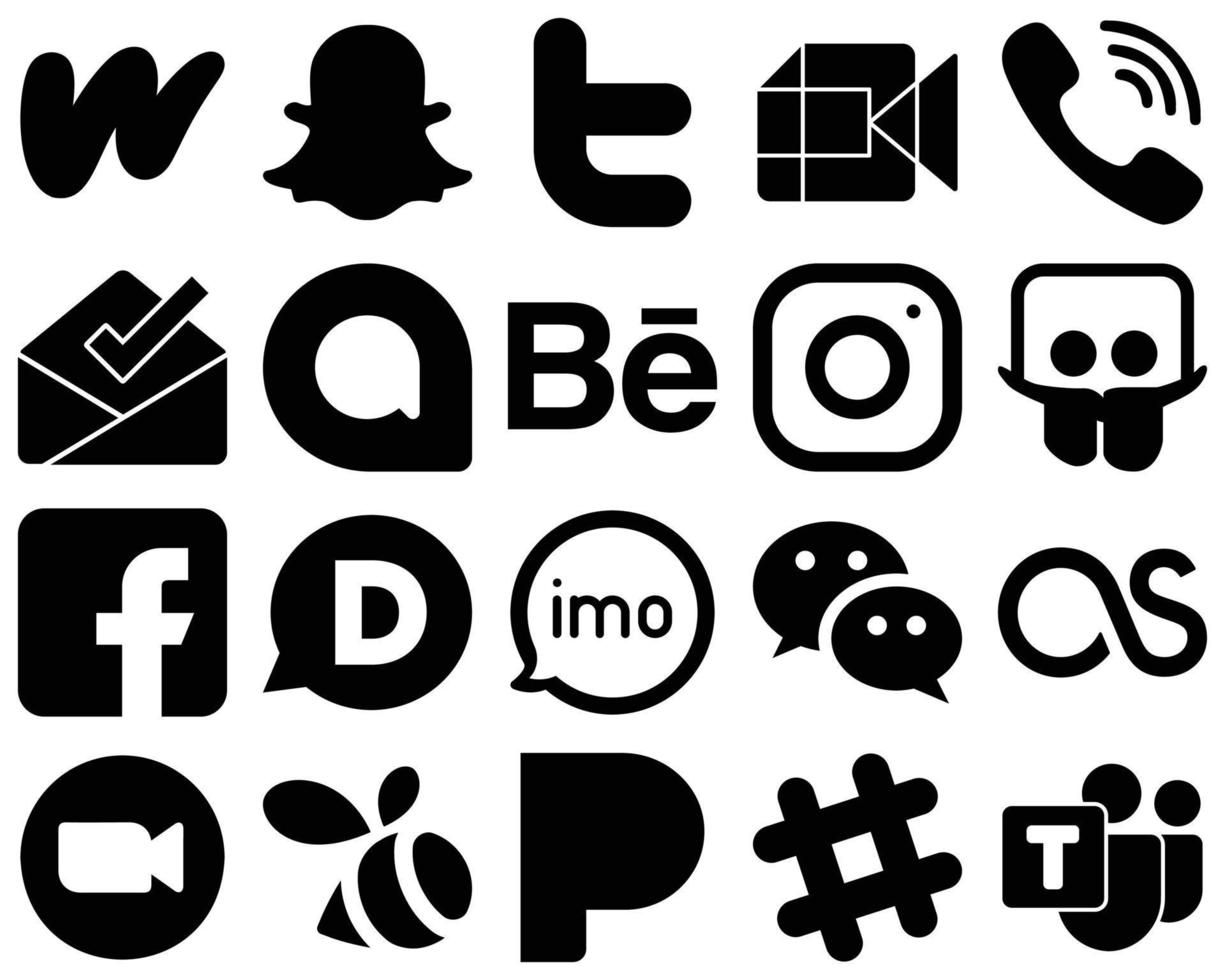 20 attraktive schwarze Social-Media-Icons wie Slideshare. Meta. Viber. Instagram- und Google Allo-Symbole. modern und professionell vektor