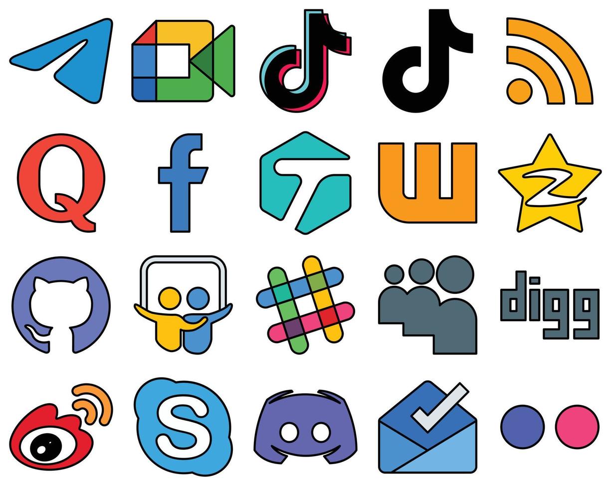 20 moderne, mit Linien gefüllte Social-Media-Symbole wie Facebook. Video. Frage und Feed vollständig anpassbar und vielseitig vektor