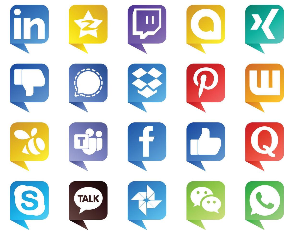 20 stilvolle Social-Media-Symbole im Chat-Blasen-Stil wie Microsoft Team. Wattpad. nicht gefallen. Pinterest und Symbole. kreativ und professionell vektor
