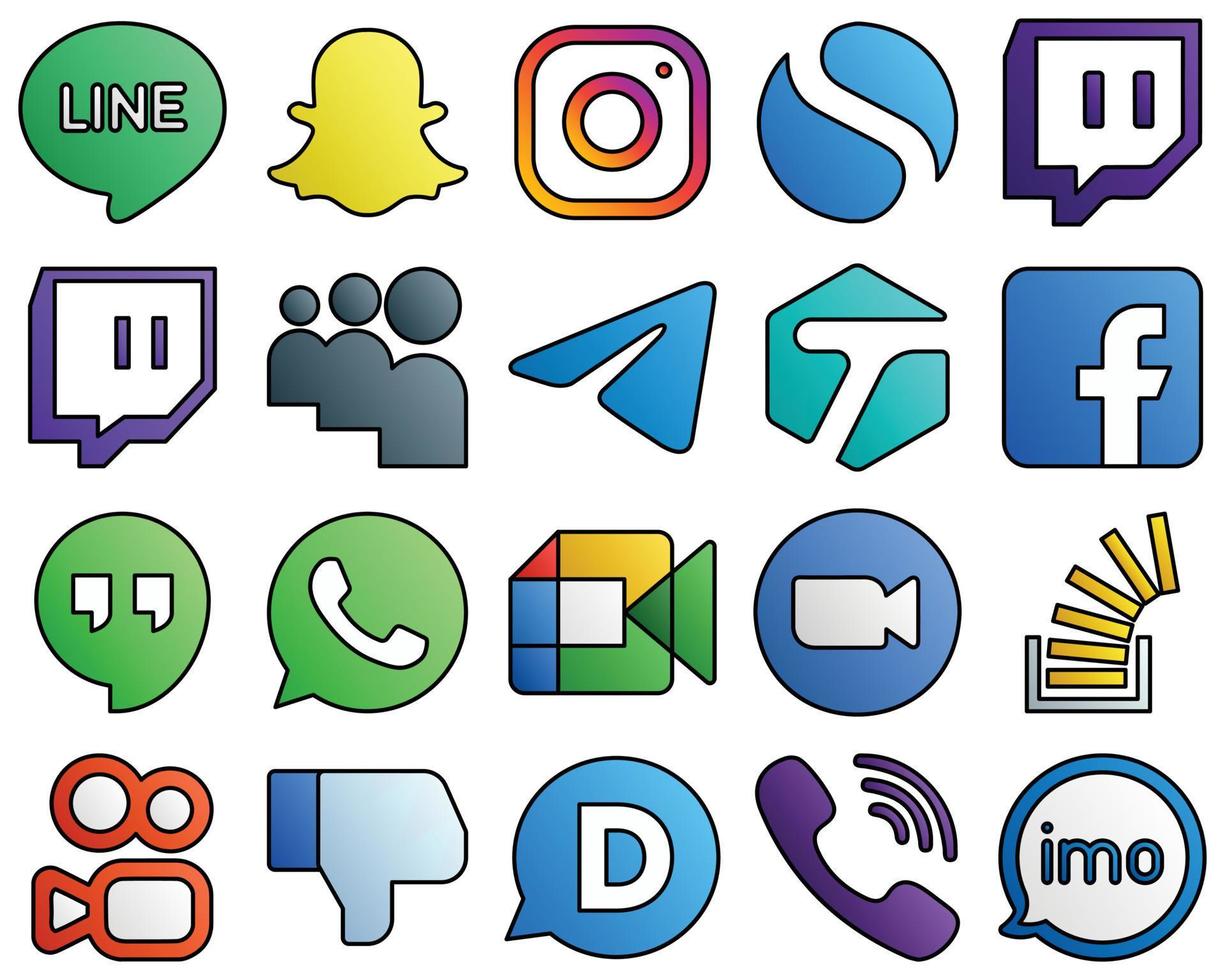 20 moderne Symbole Google Meet. Google-Hangouts. Telegramm und Facebook gefüllte Sammlung von Symbolen für soziale Medien im Linienstil vektor