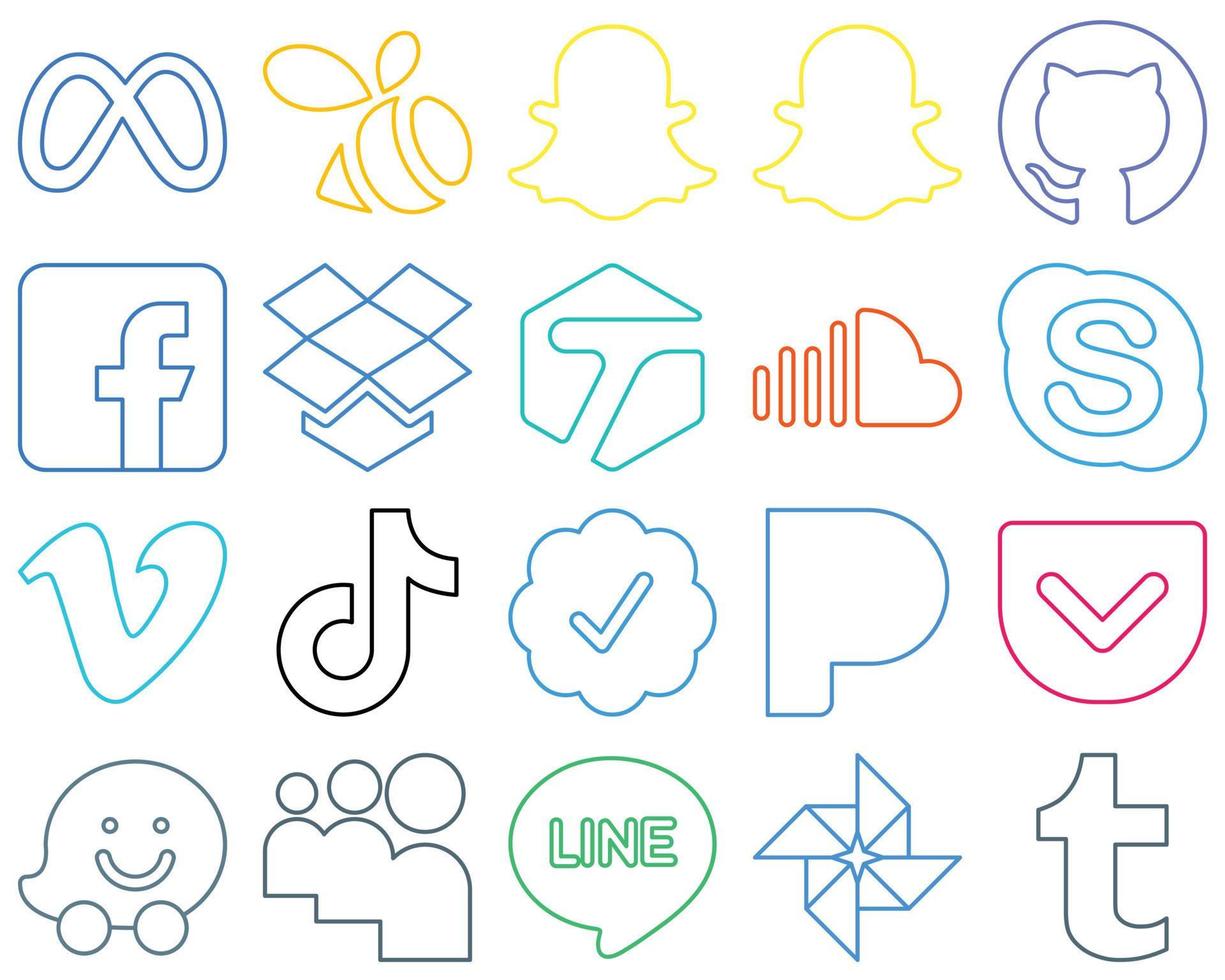 20 erstklassige und professionelle Social-Media-Icons mit farbenfrohen Umrissen wie Tiktok. vimeo. Dropbox. Chat und Musik hochauflösend und editierbar vektor