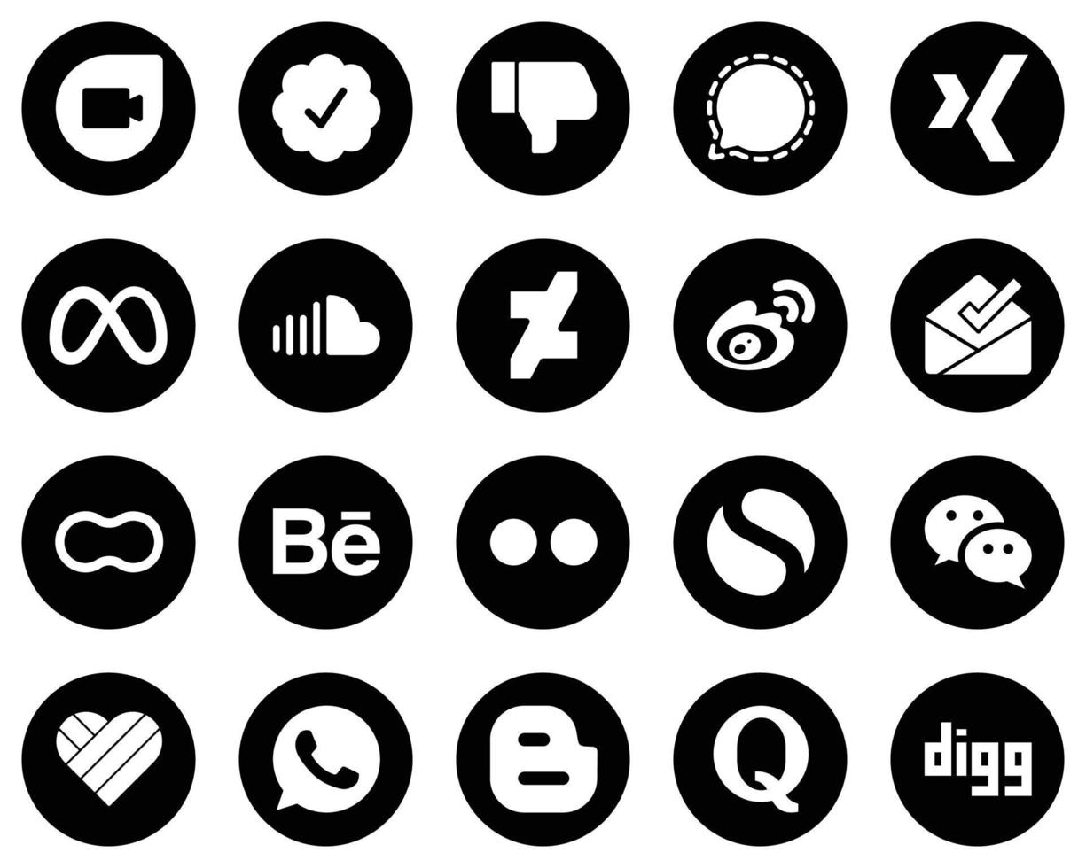 20 kreative weiße Social-Media-Icons auf schwarzem Hintergrund wie Sina. Meta. Weibo und Musiksymbole. vollständig editierbar und vielseitig vektor