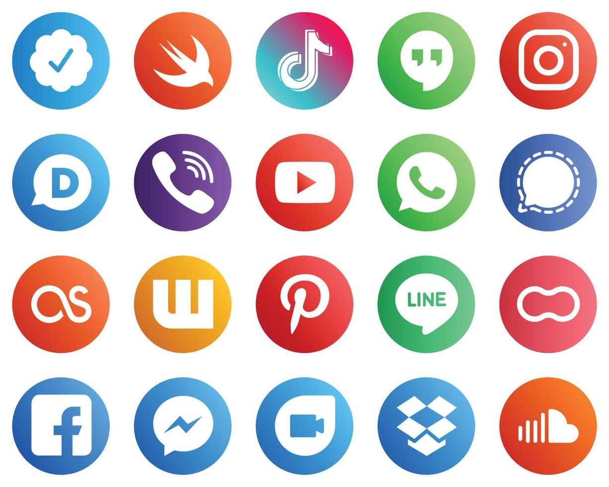 20 Social-Media-Symbole für Ihr Unternehmen wie WhatsApp. Youtube. instagram- und viber-symbole. kreativ und professionell vektor