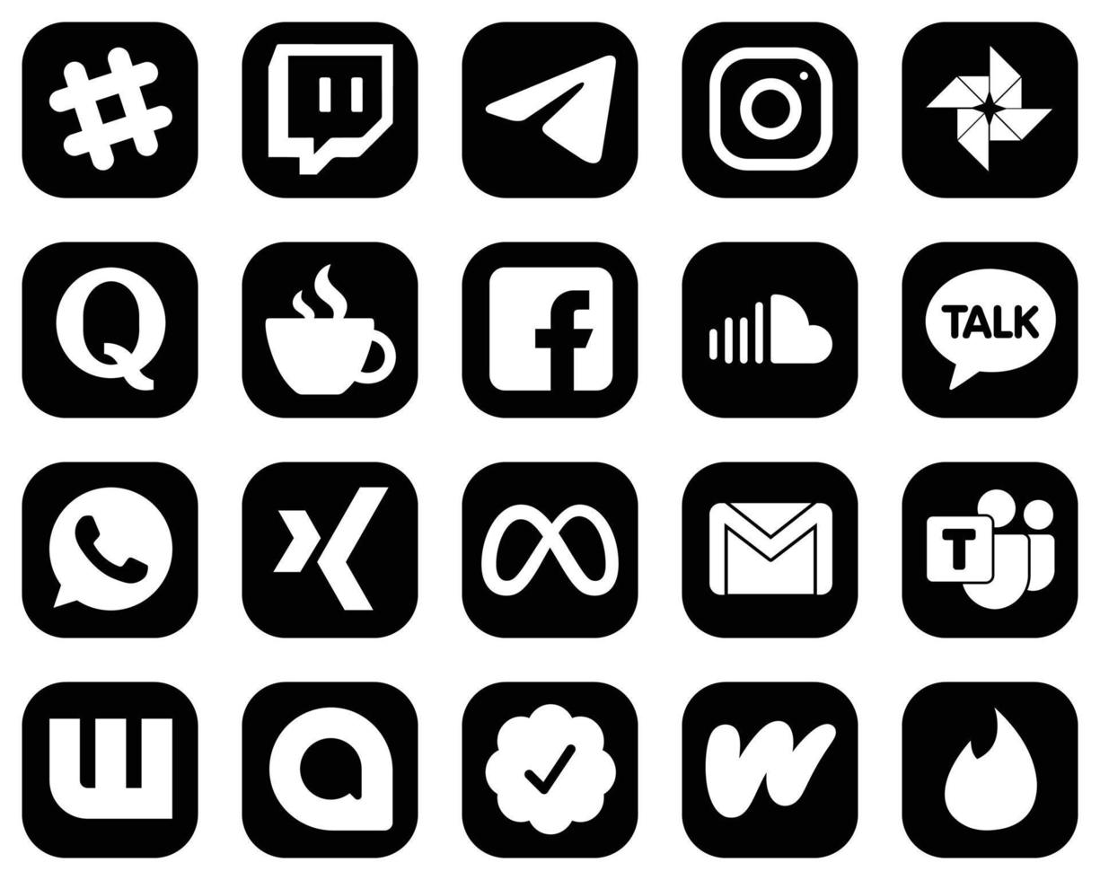 20 moderne weiße Social-Media-Icons auf schwarzem Hintergrund wie Soundcloud. fb. Google Foto. Facebook- und Streaming-Symbole. Hochauflösend und einzigartig vektor