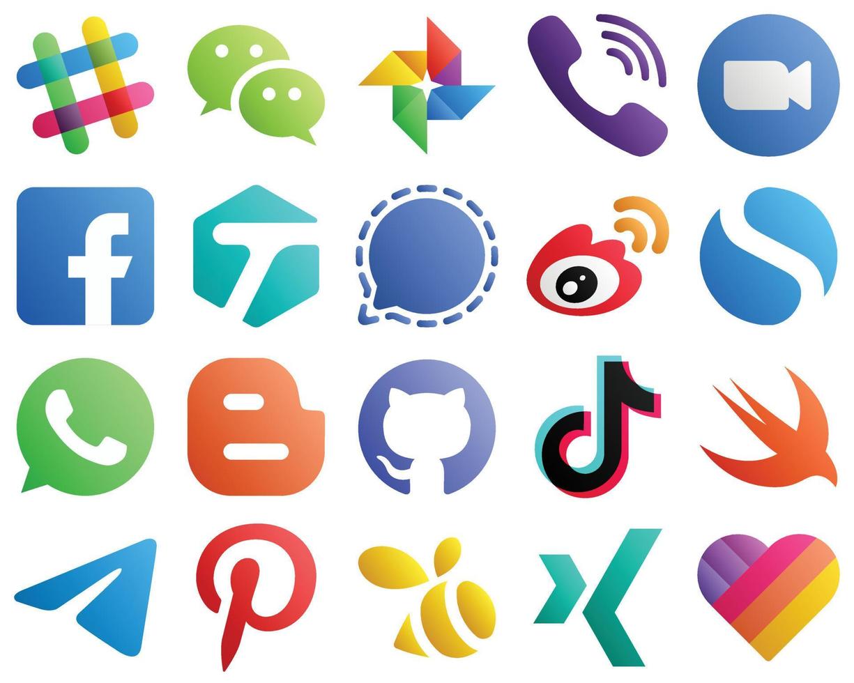 Verlaufssymbole für wichtige Social Media 20 Packs wie Signal. Video. markierte und fb-Symbole. sauber und minimalistisch vektor