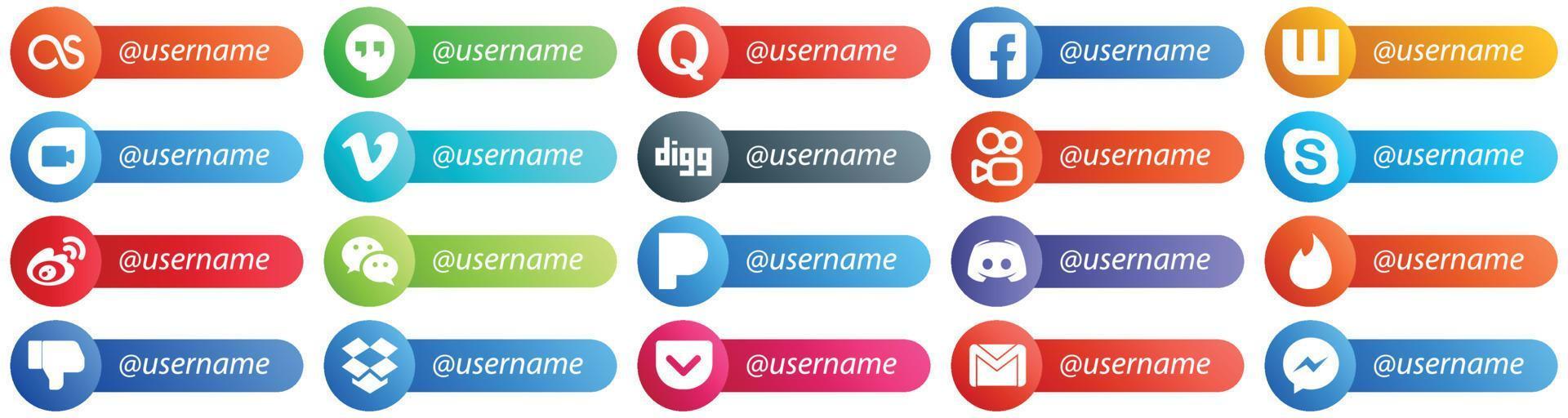 Följ mig social nätverk plattform ikoner med plats för Användarnamn 20 packa sådan som Kina. weibo. Google duo. chatt och kuaishou ikoner. rena och professionell vektor