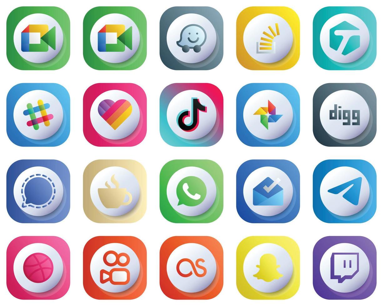niedliches 3D-Farbverlauf-Social-Media-Markensymbol-Set 20 Symbole wie digg. getaggt. Porzellan- und Douyin-Ikonen. editierbar und hochwertig vektor