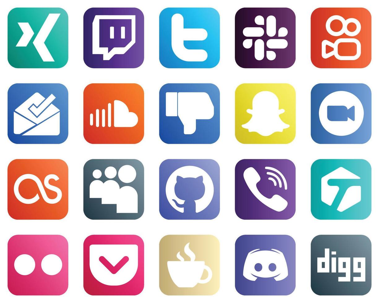 20 beliebte Social-Media-Ikonen wie lastfm. Treffen. Klang. Video- und Snapchat-Symbole. elegant und minimalistisch vektor