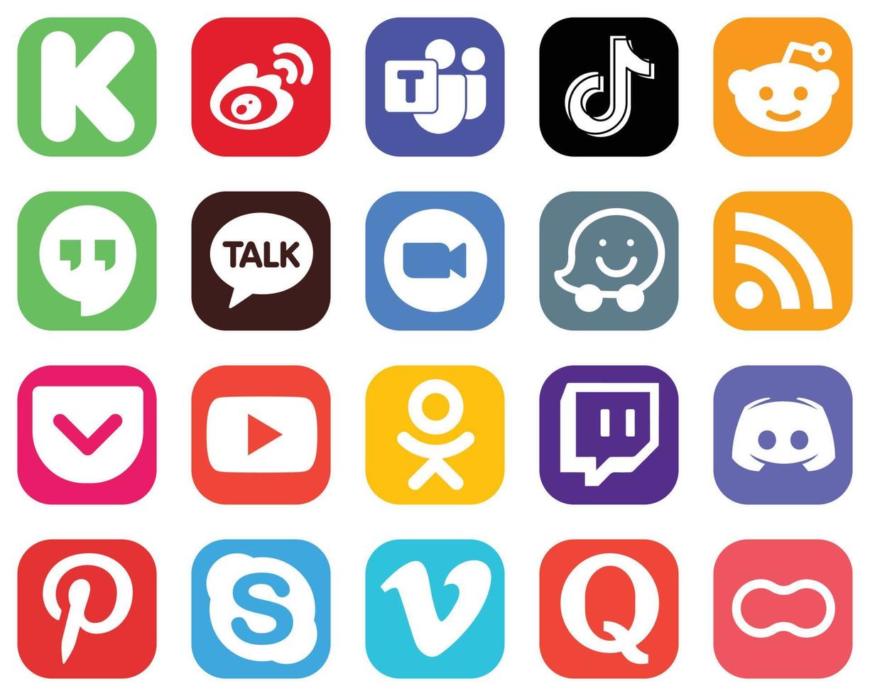 20 Social-Media-Icons für Ihr Branding wie Video. kakao sprechen. tiktok- und google-hangouts-symbole. minimalistischer Farbverlauf-Icon-Set vektor