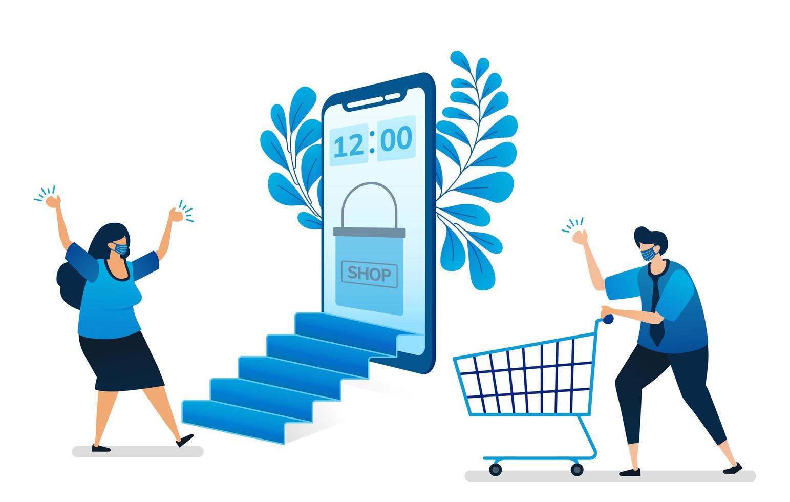 Vektor-Illustration des Online-Shoppings mit neuem normalen Gesundheitsprotokoll mit mobilen Apps, virtueller mobiler Speicher. kann für Website, Web, mobile Apps, Flyer, Hintergrund, Element, Banner, Vorlage verwendet werden vektor