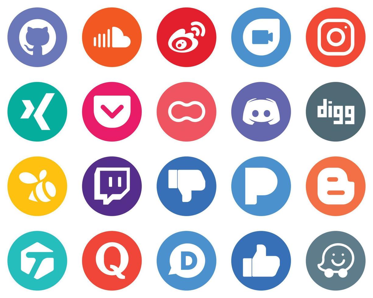 20 innovative weiße Icons Discord. Mütter. Google-Duo. erdnuss und xing flache kreishintergründe vektor