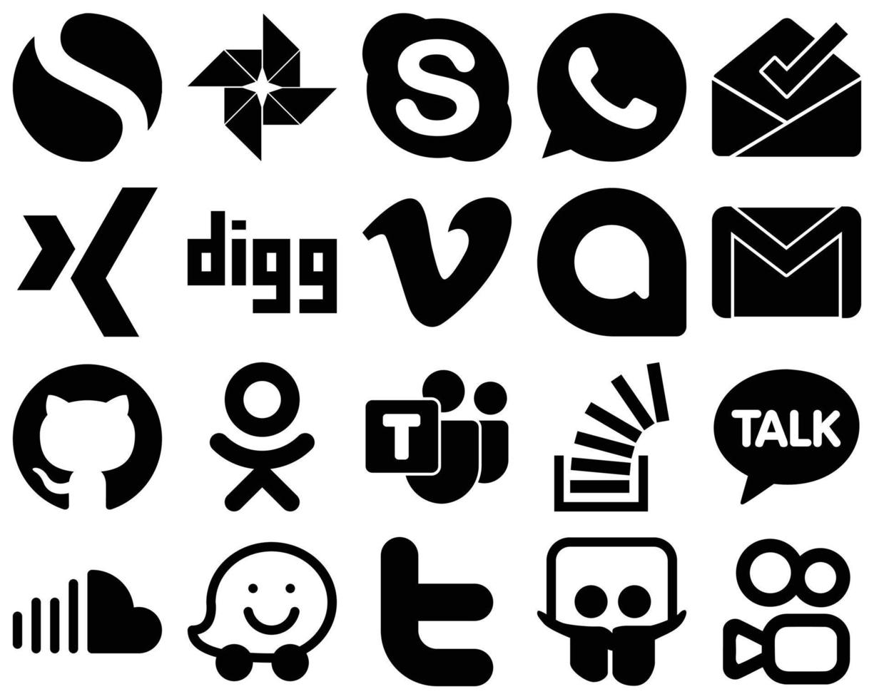 20 anpassbare schwarze Social-Media-Icons wie odnoklassniki. vimeo. Github- und E-Mail-Symbole. vollständig anpassbar und hochwertig vektor