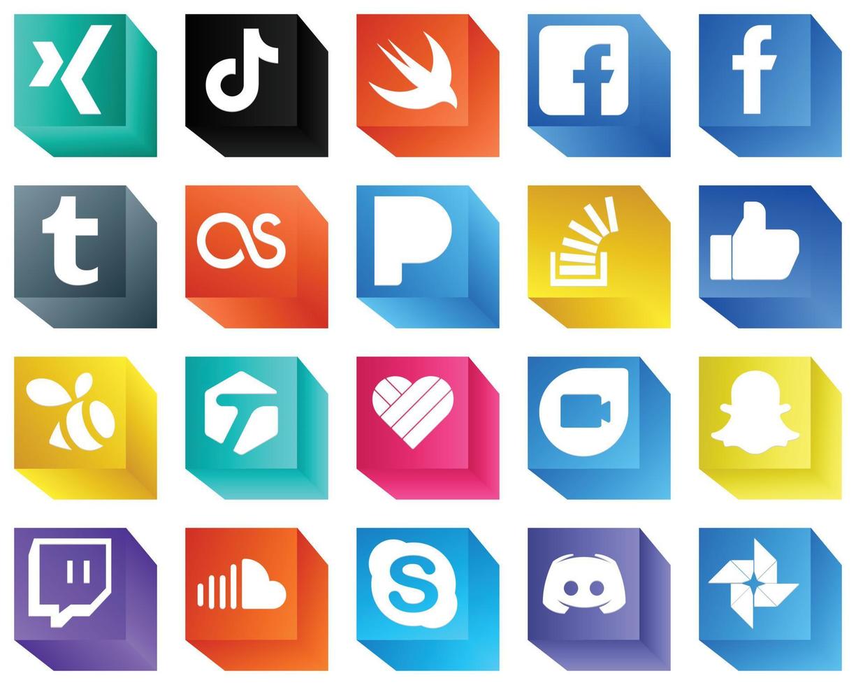 3D-Social-Media-Markensymbole 20er-Pack wie Like. Aktie. fb. Fragen und Pandora-Symbole. vollständig editierbar und professionell vektor