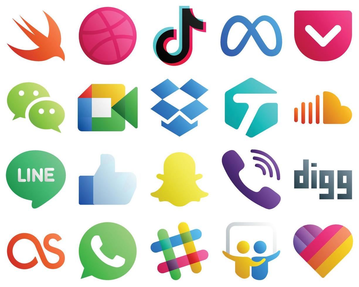 20 moderne Social-Media-Symbole mit Farbverlauf wie Soundcloud. Dropbox. Facebook- und Google Meet-Symbole. minimalistisch und anpassbar vektor