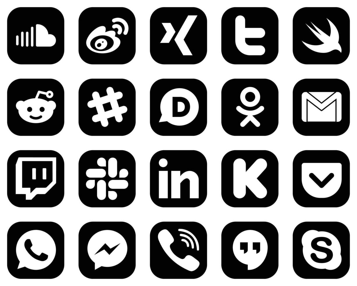 20 einfache weiße Social-Media-Icons auf schwarzem Hintergrund wie Mail. gmail. zwitschern. Odnoklassniki- und Spotify-Symbole. vollständig anpassbar und professionell vektor
