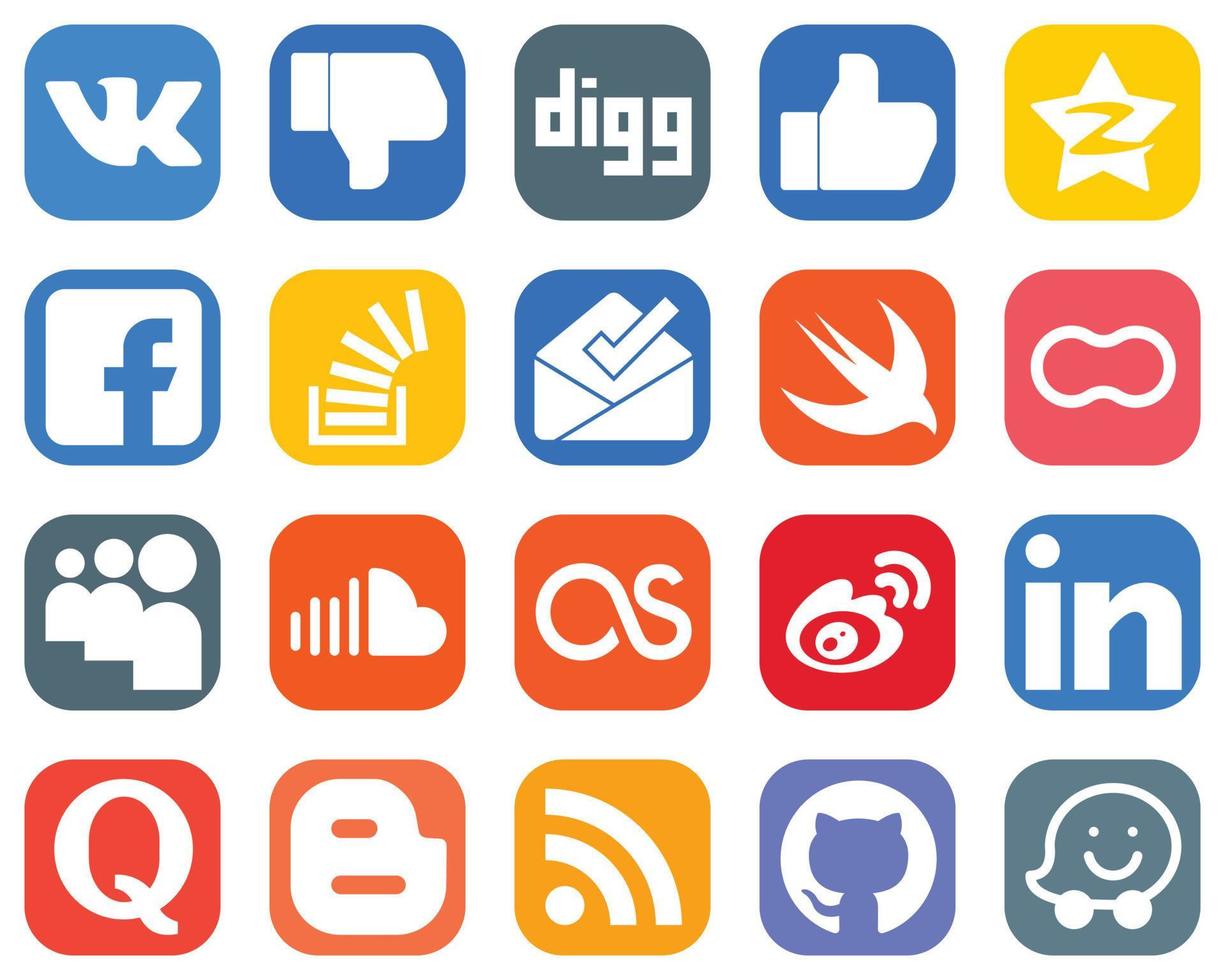 20 Social-Media-Icons für Ihr Marketing wie zum Beispiel Swift. Überlauf. Stock- und Stockoverflow-Symbole. elegantes Gradienten-Icon-Set vektor