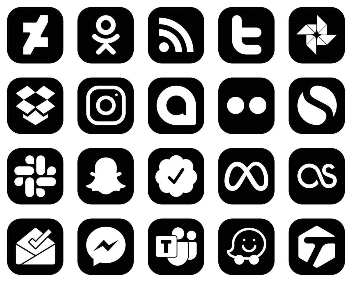 20 moderne weiße Social-Media-Symbole auf schwarzem Hintergrund wie z. locker. instagram. einfache und flickr-Symbole. Hochauflösend und einzigartig vektor