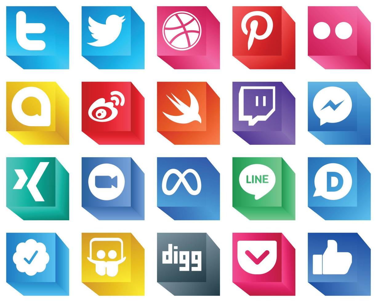20 elegante 3D-Symbole für soziale Medien wie Zoom. fb. Sünde. Facebook- und Twitch-Symbole. minimalistisch und hochauflösend vektor