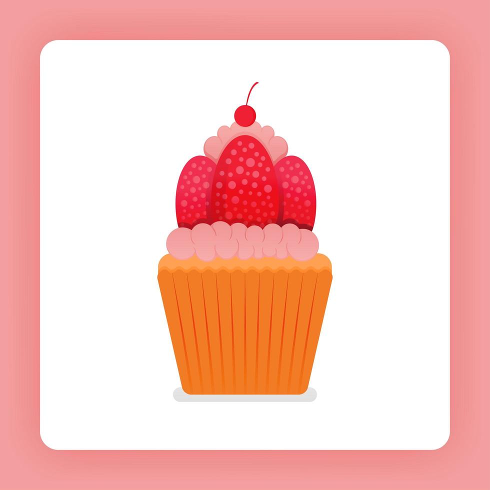 Illustration des Cupcakes mit Erdbeer-Schlagsahne. frische Erdbeeren und doppelter Zuckerguss. Erdbeerglasurkuchen. Design kann für Bücher, Flyer, Poster, Website, Web, Apps, Landing Pages, Kochbuch sein vektor