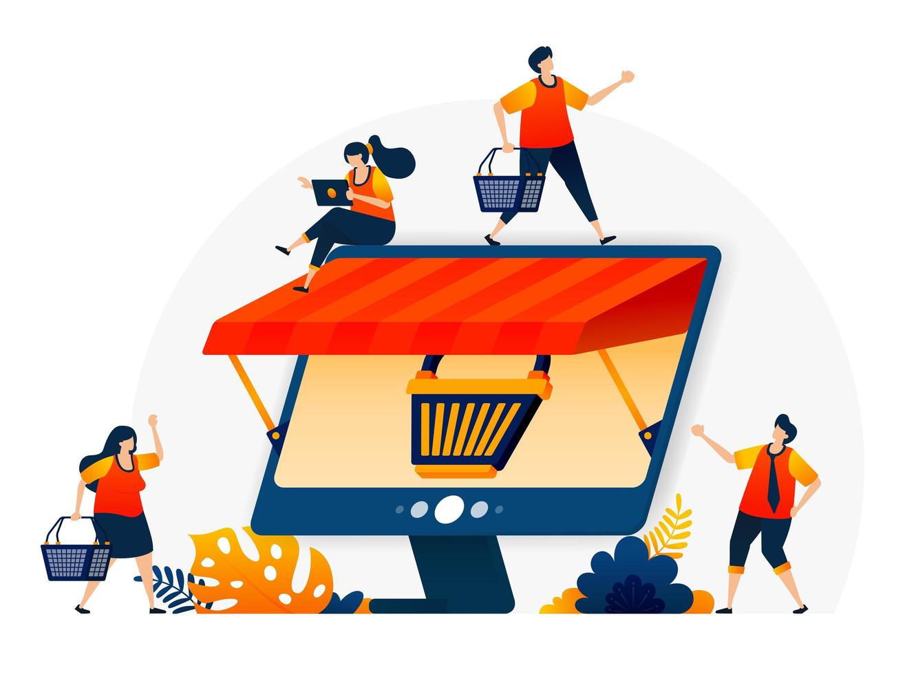 Illustration des E-Commerce online mit einer Einkaufswagenmetapher und einem Monitor mit einem Dach. Groß- und Einzelhandel Online-Shops. Vektor-Design-Vorlage für Landing Page, Web, Websites, Website, Banner, Flyer vektor