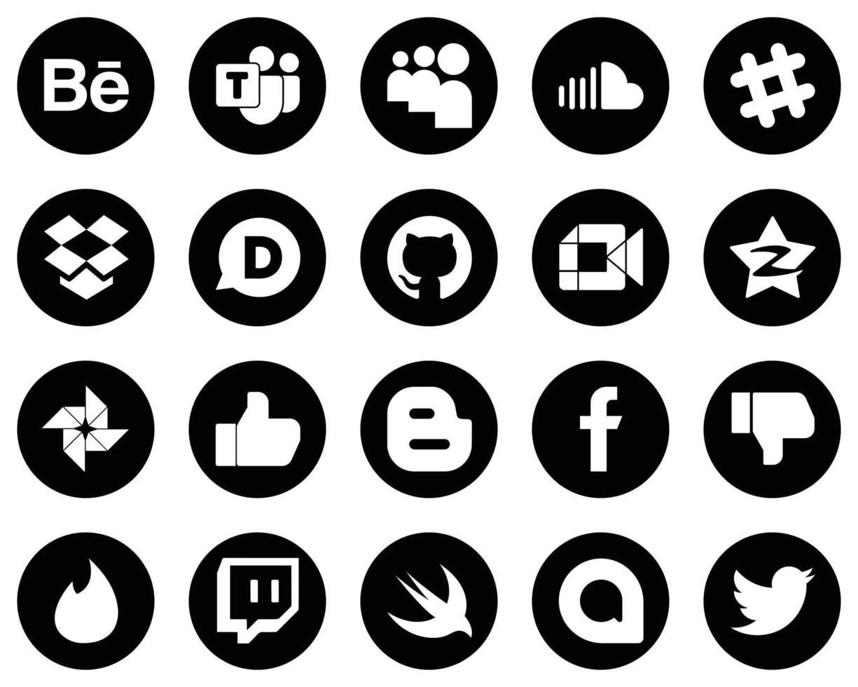 20 elegante weiße Social-Media-Symbole auf schwarzem Hintergrund wie Google-Foto. zehn Cent. Dropbox. Qzone- und Videosymbole. auffällig und editierbar vektor