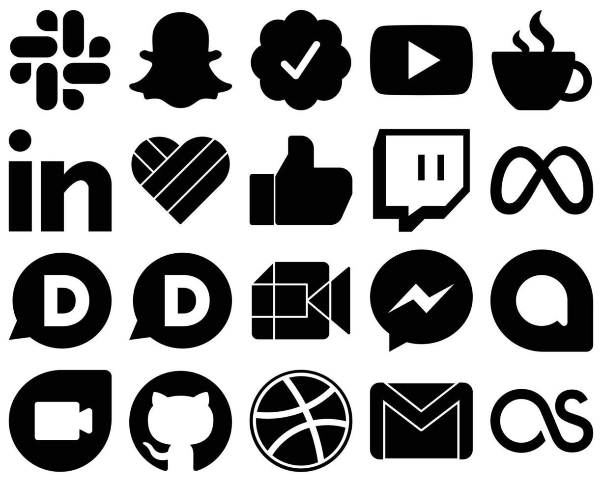 20 kreative Social-Media-Icons mit schwarzen Glyphen wie Google Meet. Facebook. verlinkt. Meta- und Facebook-Symbole. minimalistisch und anpassbar vektor