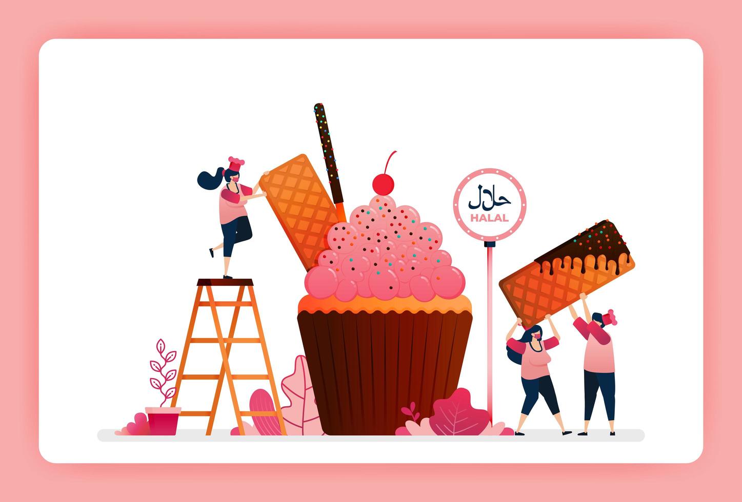 halal mat meny illustration av söta jordgubbar cupcake. muffin med mellanmålsvaffel, chokladpinne och rån. design kan användas för webbplats, webb, målsida, banner, mobilappar, ui ux, affisch, flygblad vektor