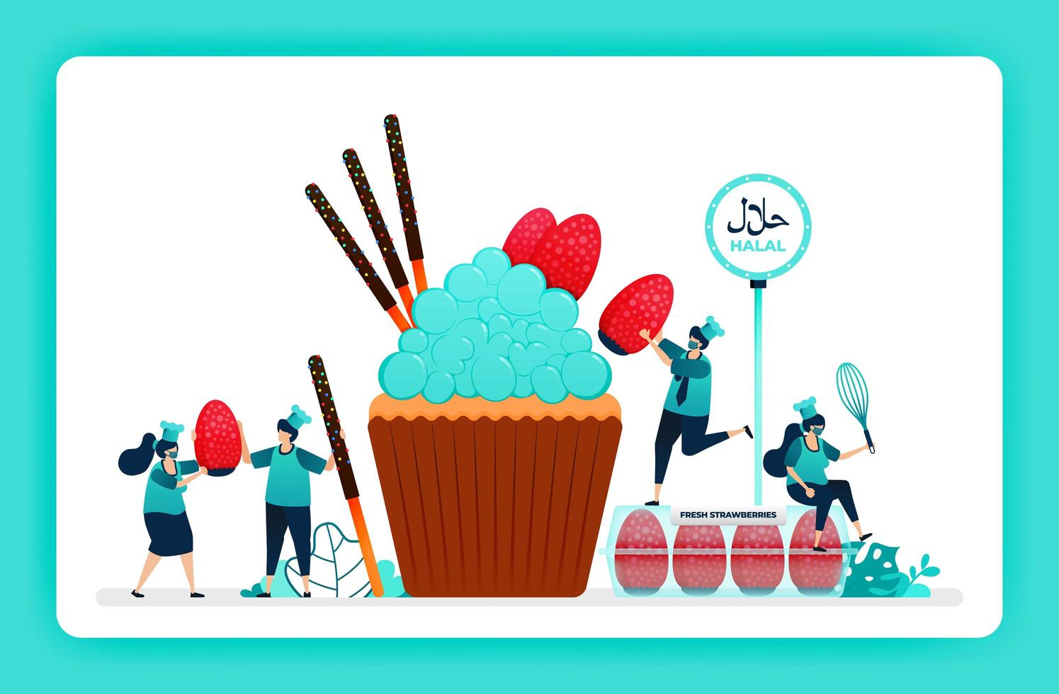 halal mat meny illustration av söta muffins. färska jordgubbar och chokladpinnar för muffintoppning. design kan användas för webbplats, webb, målsida, banner, mobilappar, ui ux, affisch, flygblad vektor