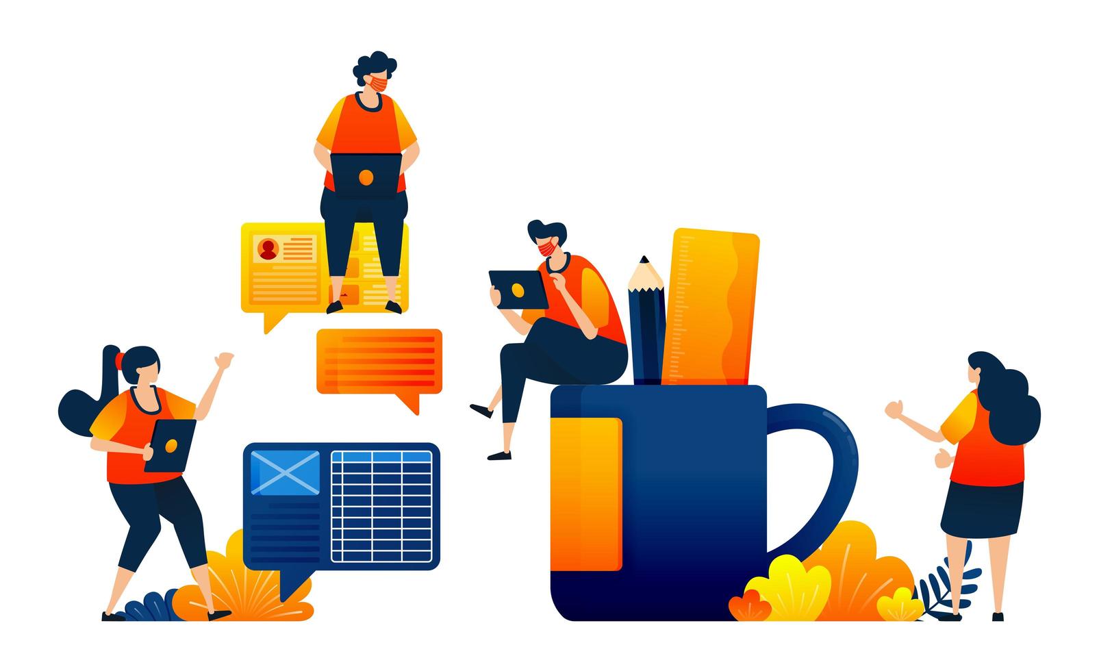 konversation för affärsmötesstrategi. kaffekopp med penna och linjal. vektorillustrationskoncept kan användas för målsida, mall, ui ux, webb, mobilapp, affisch, banner, webbplats, flygblad vektor