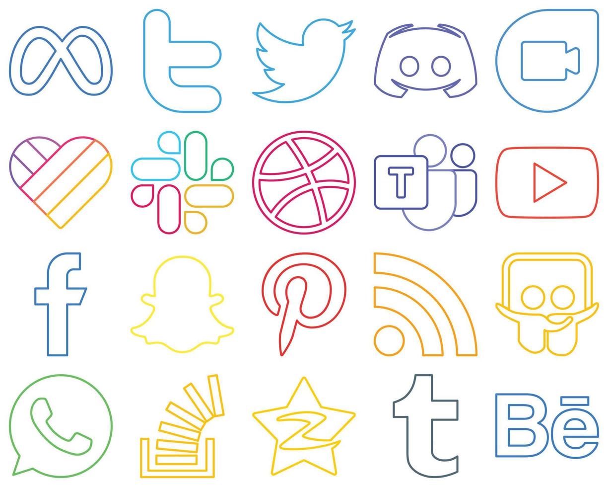 20 vollständig bearbeitbare Social-Media-Icons mit farbenfrohen Umrissen wie fb. Video. Google-Duo. youtube und microsoft team einzigartig und hochauflösend vektor