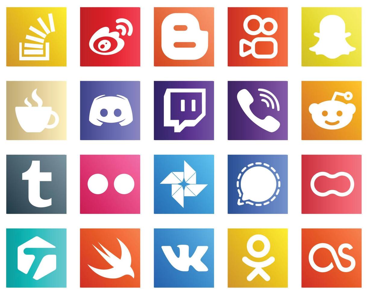 20 stilvolle Social-Media-Symbole wie Text. Zwietracht. blogger- und koffeinikonen. sauber und professionell vektor