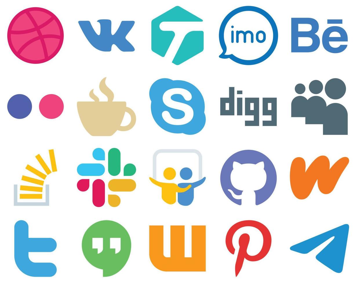 20 flache Social-Media-Icons für ein minimalistisches Design. graben. Flickr- und Chat-Symbole. einzigartiges Gradienten-Icon-Set vektor