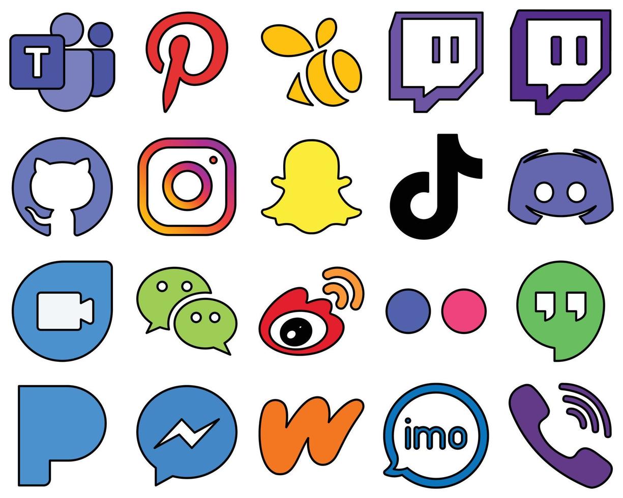 20 markante liniengefüllte Social-Media-Icons wie Text. Zwietracht und Video hochauflösend und professionell vektor