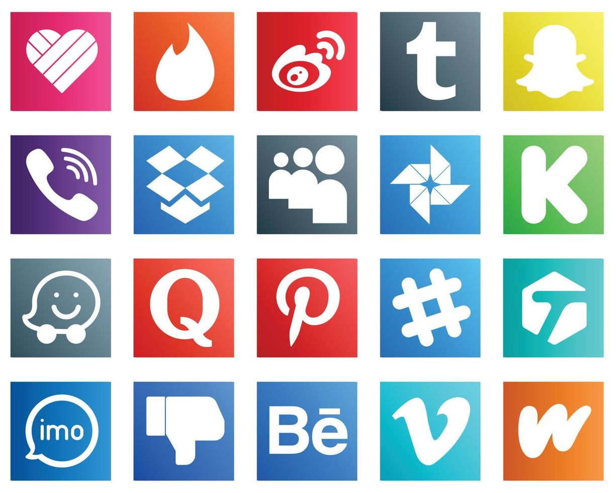 20 Social-Media-Icons für Ihr Unternehmen wie Quora. Finanzierung. Viber. Kickstarter- und Myspace-Symbole. kreativ und professionell vektor