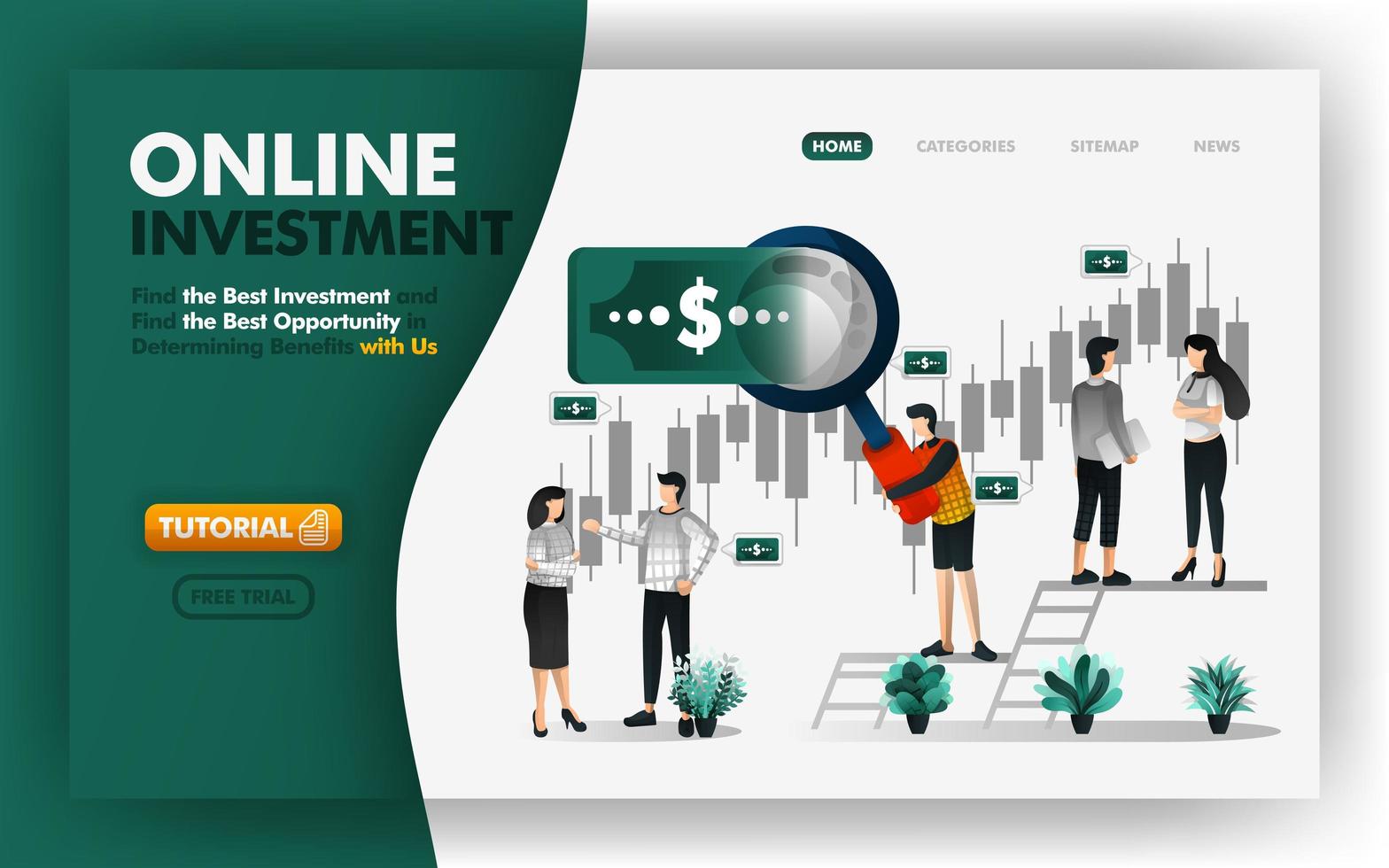 Online-Investment und Banking Vektor-Illustration. Männer mit riesigen Lupen geben Ihnen Ratschläge, um rentable Investitionen zu bestimmen. kann für Website, Banner, Broschüre, Flyer, Print, Mobile, UI verwenden vektor