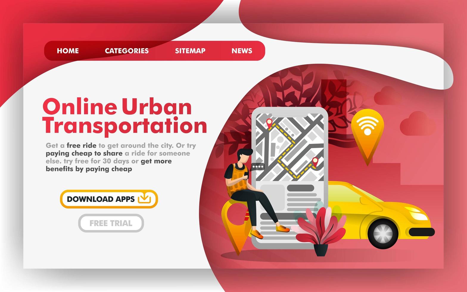 mobil urban stadstransport platt vektor illustration koncept, online leverans taxiservice. lätt att använda för webbplats, banner, målsida, broschyr, flygblad, utskrift, mobilapp, affisch, mall, ui