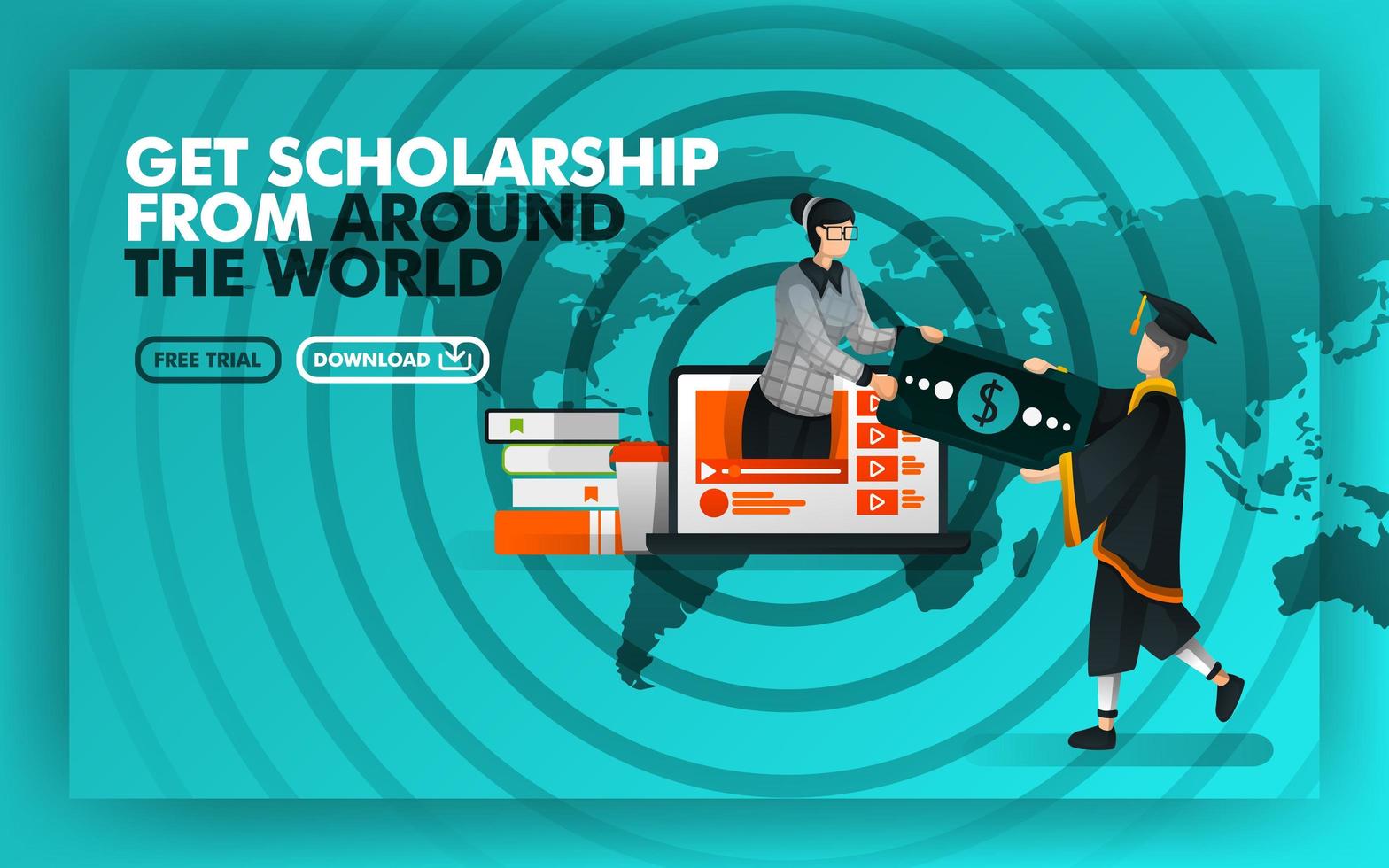vektor illustration grön webbplats banner om få stipendium från hela världen. ungkarl tjänar pengar från kvinnor som kommer ut från den bärbara datorn mot bakgrund av världskartor och rada. platt stil