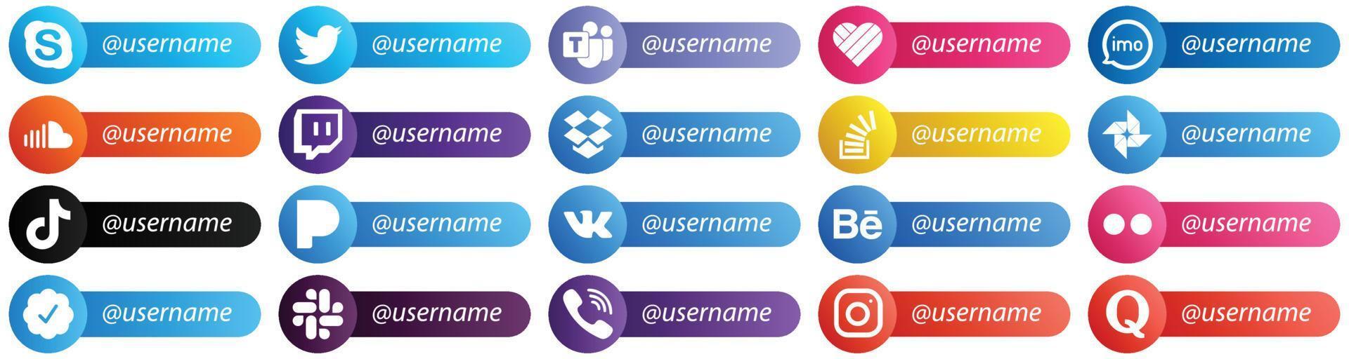 Följ mig social nätverk plattform ikoner med plats för Användarnamn 20 packa sådan som fråga. Dropbox. audio. rycka till och ljud ikoner. fullt anpassningsbar och hög kvalitet vektor