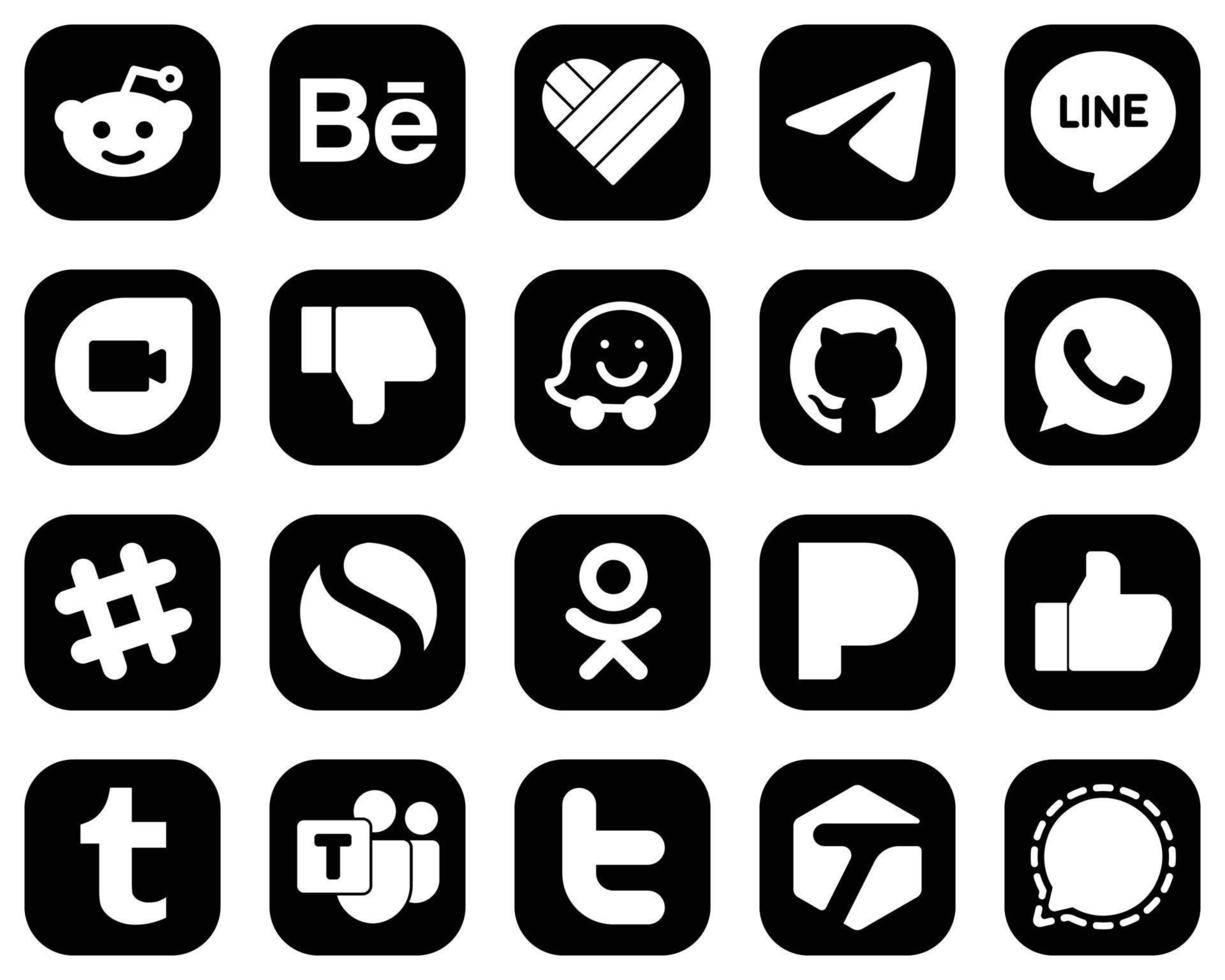 20 kreative weiße Social-Media-Icons auf schwarzem Hintergrund wie z. odnoklassniki. nicht gefallen. einfache und WhatsApp-Symbole. vollständig editierbar und vielseitig vektor