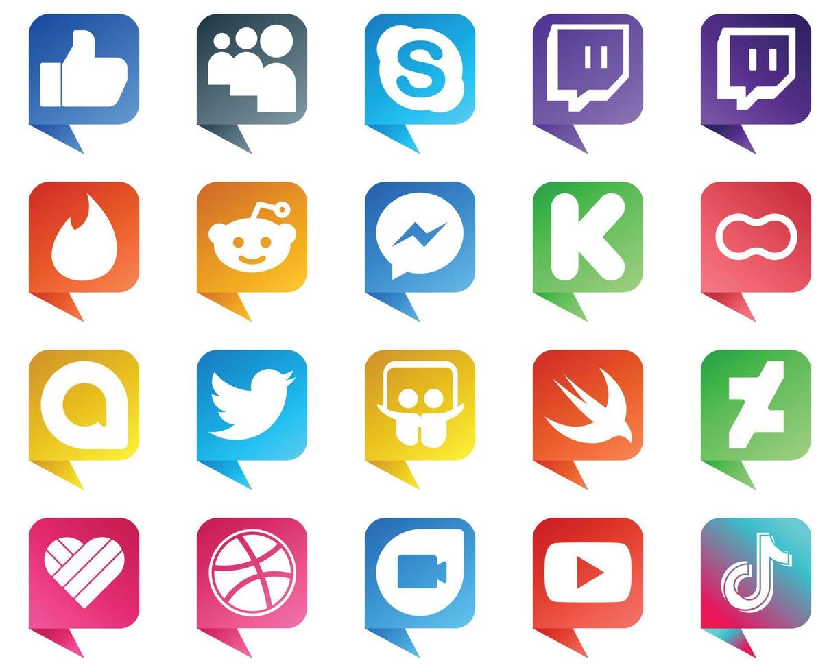 20 chatt bubbla stil ikoner av större social media plattformar sådan som Twitter. kvinnor. budbärare. mödrar och finansiering ikoner. kreativ och hög upplösning vektor