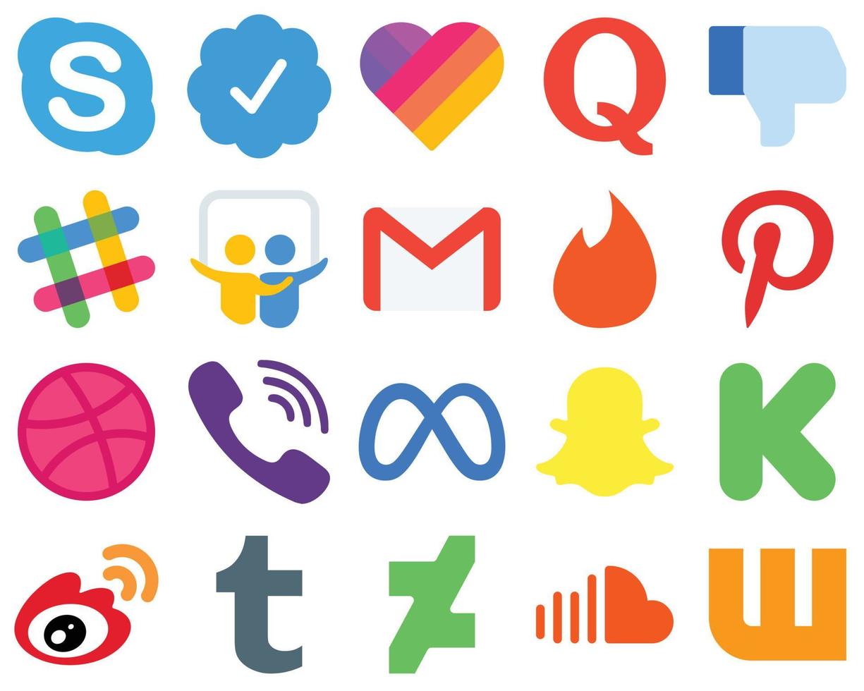 20 flache Social-Media-Ikonen des flachen Grafikdesigns rakuten. dribbeln. spotify. Pinterest- und Mail-Symbole. hochwertiges Gradienten-Icon-Set vektor