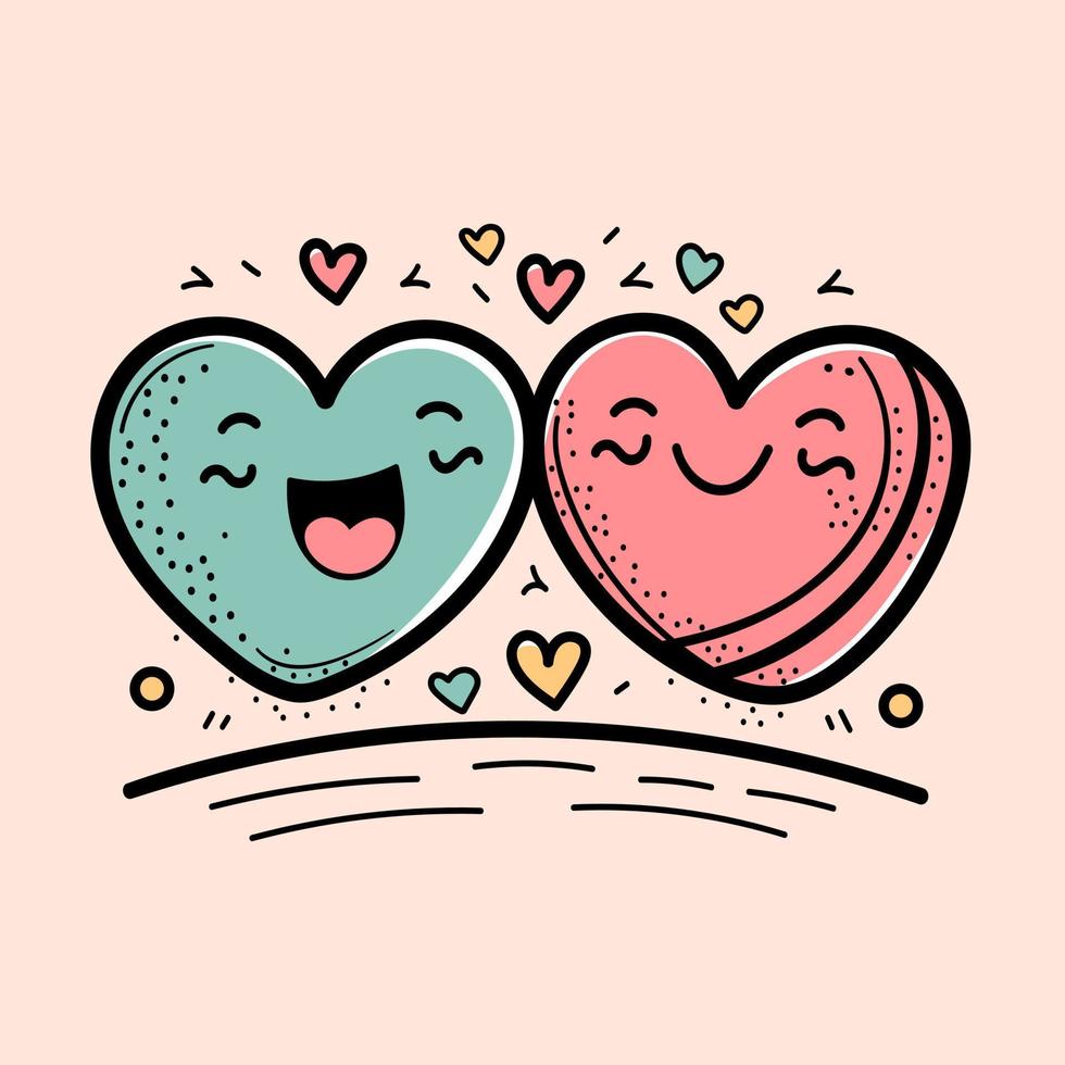 hand gezeichneter valentinstag paar herzen lächelnd liebe gekritzel zeichnungen valentine kawaii karikaturillustration vektor