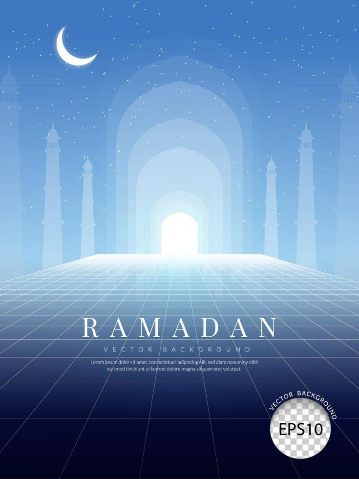 ramadan-hintergrund, blaue islamische innenmoscheentür mit decke ein nachthimmel voller sterne und mond. Vektor-Illustration vektor