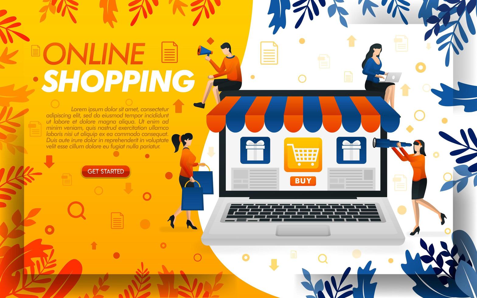 webbshopping webbdesign. människor handlar online med bärbara datorer, konceptvektorillustration. kan användas för, målsida, mall, ui, webb, mobilapp, affisch, banner, flayer vektor