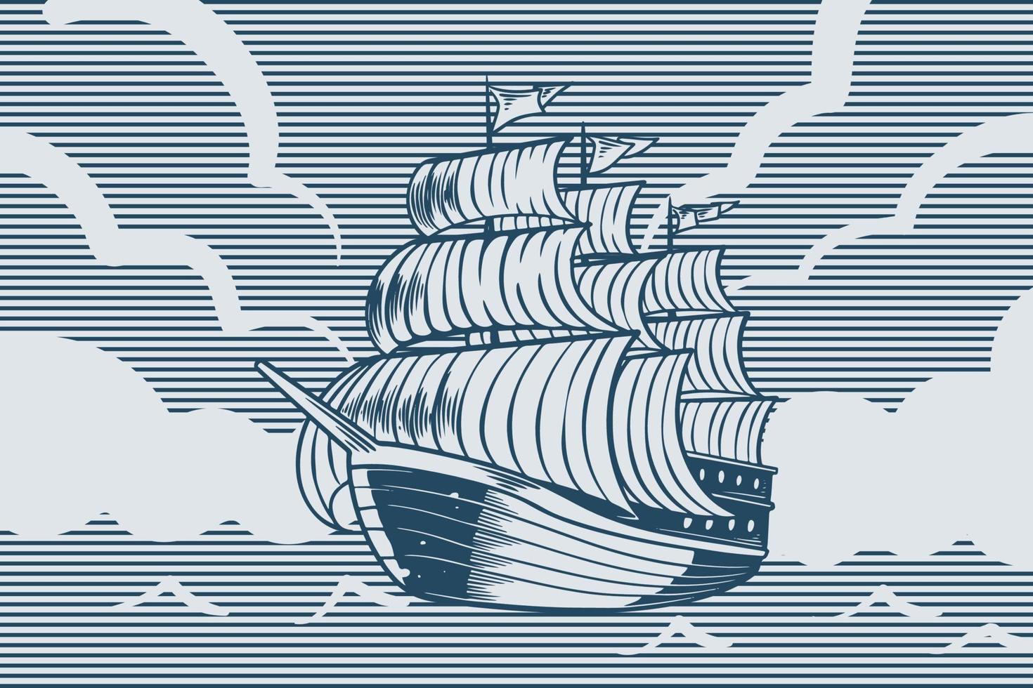 handzeichnung vintage segelboot meer ozean thema. vektor