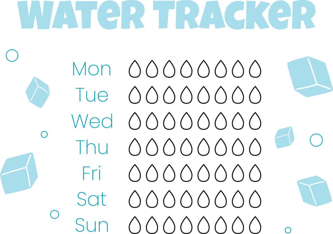 Wasser-Tracker-Vektorvorlage. . Checkliste Trinkwasser. Wassertracker mit Eis. Vektor-Illustration. Doodle-Stil. vektor