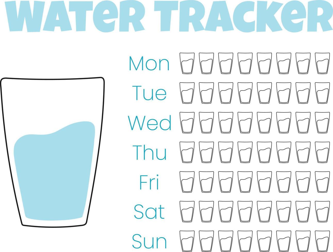 Wasser-Tracker-Vektorvorlage. . Checkliste Trinkwasser. Wassertracker mit coolem Wasserglas. Vektor-Illustration. Doodle-Stil. vektor