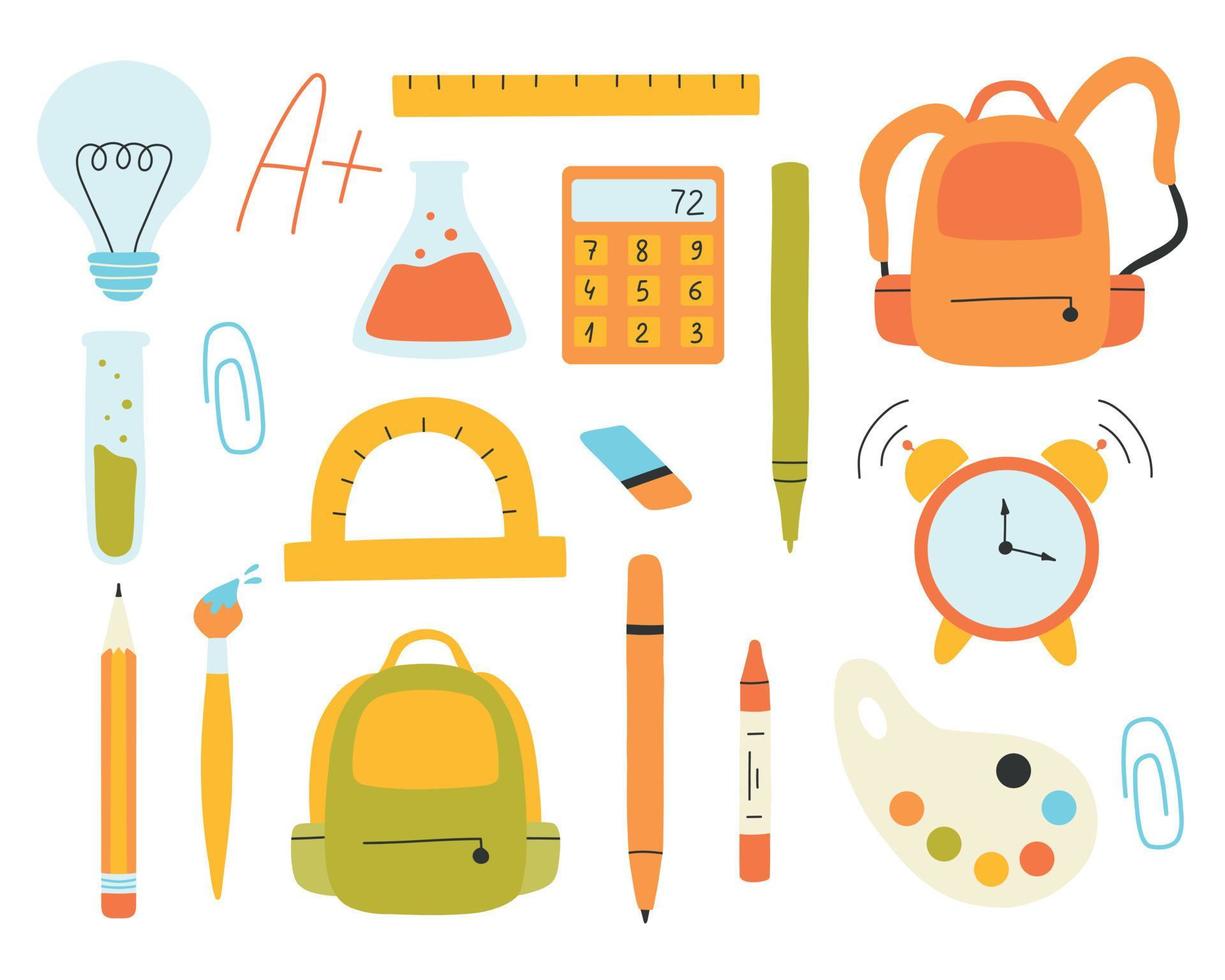 Satz von Schulelementen. zurück zur Schule. Ende der Schulsammlung. Vektor-Illustration. flacher handgezeichneter Stil. Rucksack, Taschenrechner, Bleistift, Winkelmesser, Pinsel. vektor